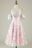 A-Line Fora do Ombro Flor Vestido de Cocktail Rosa Estampado