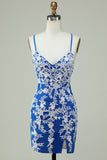 Esparguete Alças Vestido Azul Bainha Homecoming Com Apliques