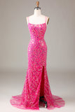 Hot Pink Sequins & Vestido de Baile de Formatura de Sereia com Fenda