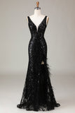 Preto brilhante Depp V-neck vestido de baile de formatura com penas