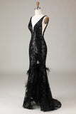 Preto brilhante Depp V-neck vestido de baile de formatura com penas