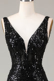Preto brilhante Depp V-neck vestido de baile de formatura com penas