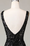 Preto brilhante Depp V-neck vestido de baile de formatura com penas