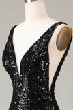 Preto brilhante Depp V-neck vestido de baile de formatura com penas