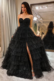 Trendy A Line Sweetheart Black Corset Prom Dress com Folhos
