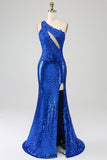 Um ombro real azul sereia baile vestido com fenda
