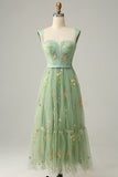 A Line Verde Vestido Cerimónia Tule