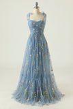 Vestido de baile azul azul cinza com bordado