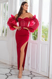 Sheath Off the Shoulder Burgundy Party Dress com Missangas