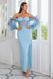 Sheath Off the Shoulder Sky Blue Prom Vestido Mangas Compridas