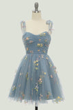 Vestido de Cocktail Azul Cinza A Line