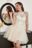 Champagne Beaded Halter Tulle Bonito Vestido de Festa