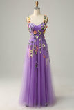 A Line Roxo Espaguete Alças Vestido de Festa Com Flores 3D