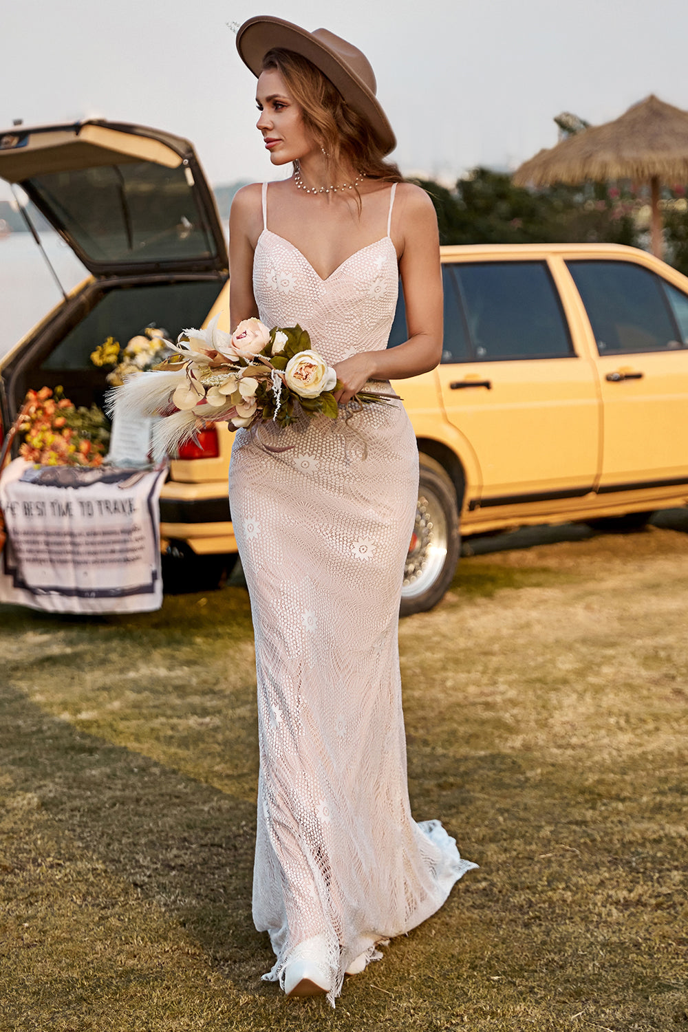 Marfim e Champagne Sereia Vestido de Noiva