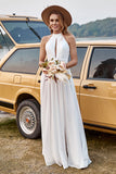 Marfim Halter Boho Vestido de Noiva Com Fenda