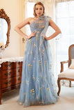 Vestido de Baile Um Ombro Azul Mais Tamanho Com Bordado