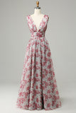Vestido de Dama de Honra Floral Cinza e Rosa
