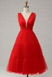 Vermelho A Line Midi Vestido de Festa com Costa Aberta