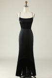Cintas de Espaguete Preto Cetim Vestido de Festa com Franjas