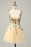 Cintas de Espaguete Champanhe Vestido Curto com Apliques