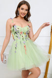 A Line Cintas de Espaguete Verde Vestido de Cocktail Com Apliques
