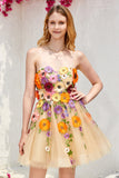 Champanhe Sem Cintas Vestido de Cocktail Com Flores 3D