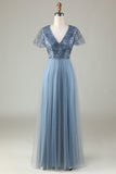 A-Line Dusty Vestido de Dama de Honra Azul com Missangas