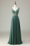 A-Line frisado eucalipto longo vestido de dama de honra