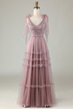 Tule V-Neck Dusty Rosa Vestido Madrinha com Missangas