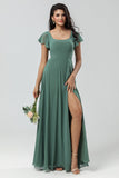 A-Line Verde Vestido Longo Madrinha com Folhos