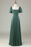Chiffon Puff Mangas Eucalipto Vestido Madrinha