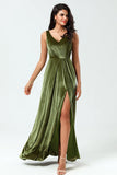 V-Neck Mangas Uma Linha Olive Velvet Vestido Madrinha com Fenda