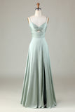 Keyhole Esparguete Correias Matcha Vestido Madrinha com Fenda