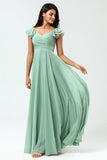 Lace-Up Back A Line Chiffon Vestido Verde Madrinha com Folhos