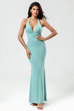 Sereia Halter Verde Vestido Longo Madrinha com decote em V