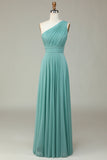 A-Line Um Ombro Vidro do Mar Vestido Longo Madrinha