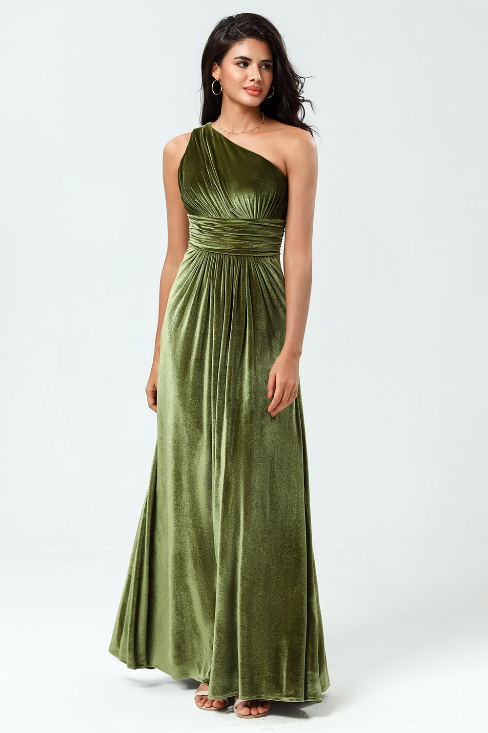 Sonhando com elegância Uma linha de um ombro Olive Velvet Long Bridesmaid Dress