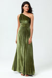 Sonhando com elegância Uma linha de um ombro Olive Velvet Long Bridesmaid Dress