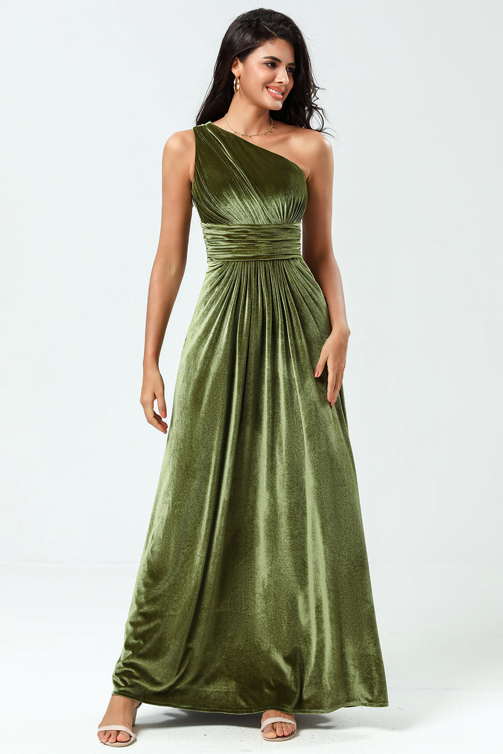 Sonhando com elegância Uma linha de um ombro Olive Velvet Long Bridesmaid Dress