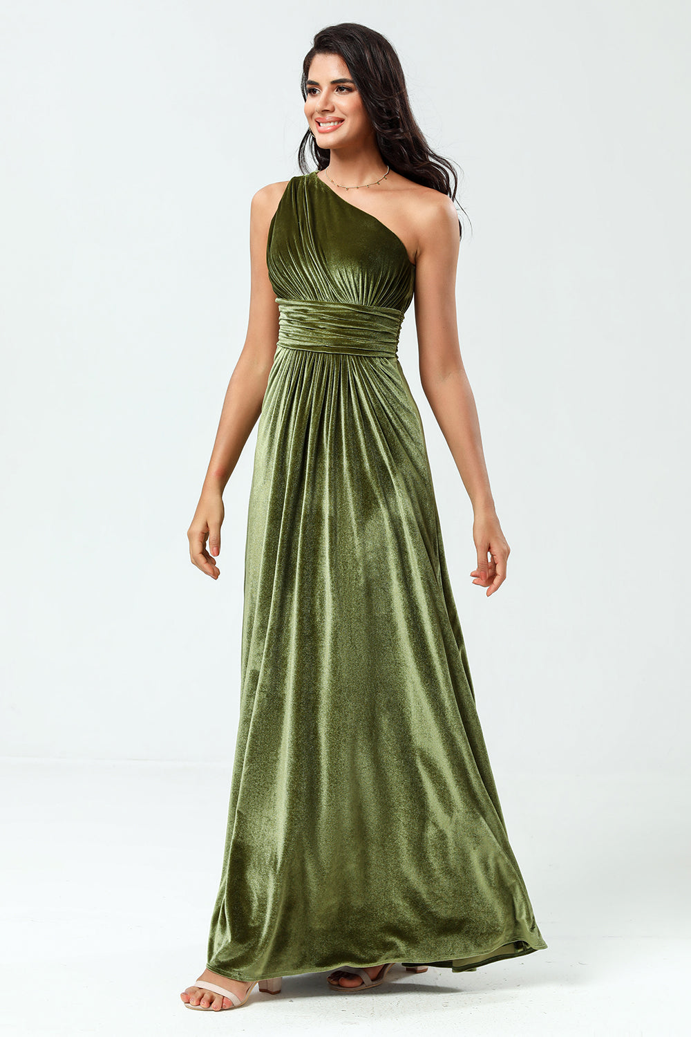 Sonhando com elegância Uma linha de um ombro Olive Velvet Long Bridesmaid Dress