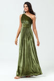 Sonhando com elegância Uma linha de um ombro Olive Velvet Long Bridesmaid Dress