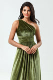 Sonhando com elegância Uma linha de um ombro Olive Velvet Long Bridesmaid Dress