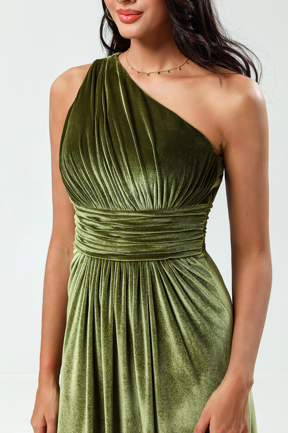 Sonhando com elegância Uma linha de um ombro Olive Velvet Long Bridesmaid Dress