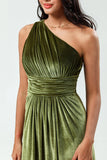 Sonhando com elegância Uma linha de um ombro Olive Velvet Long Bridesmaid Dress