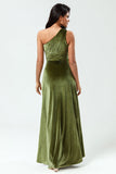 Sonhando com elegância Uma linha de um ombro Olive Velvet Long Bridesmaid Dress