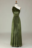 Sonhando com elegância Uma linha de um ombro Olive Velvet Long Bridesmaid Dress