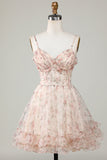 Champagne A-Line Corset Vestido Curto Homecoming Floral