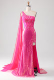Sparkly Fuchsia Sereia Um Ombro Appliques Vestido de Baile Com Fenda