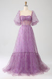 A-Line Pescoço Quadrado Roxo Corset Prom Dress com Meias Mangas