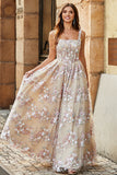 Charmoso A Line Square Neck Champagne Corset Prom Dress com Appliques